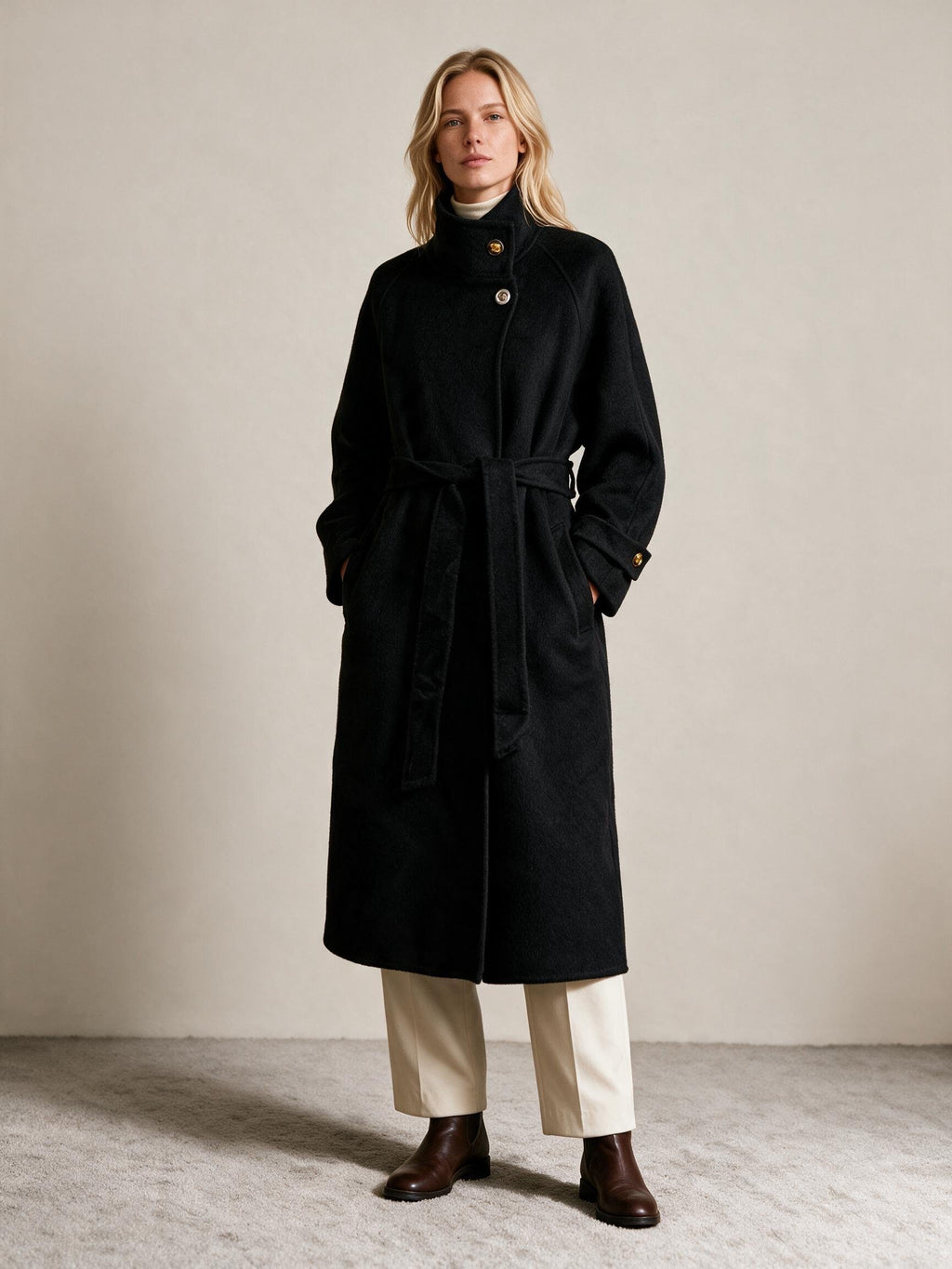 100% Wool Black Belted Long Coat – High Neck & Gold Button Detail