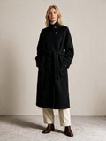 100% Wool Black Belted Long Coat – High Neck & Gold Button Detail