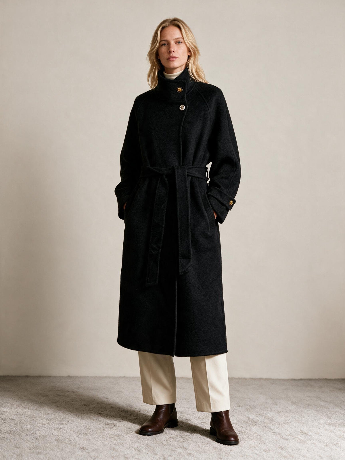 100% Wool Black Belted Long Coat – High Neck & Gold Button Detail