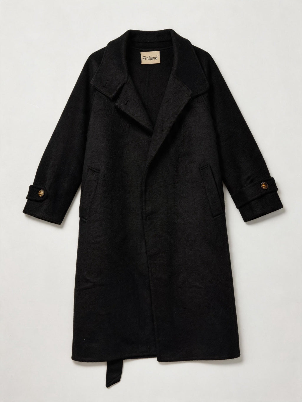 100% Wool Black Belted Long Coat – High Neck & Gold Button Detail