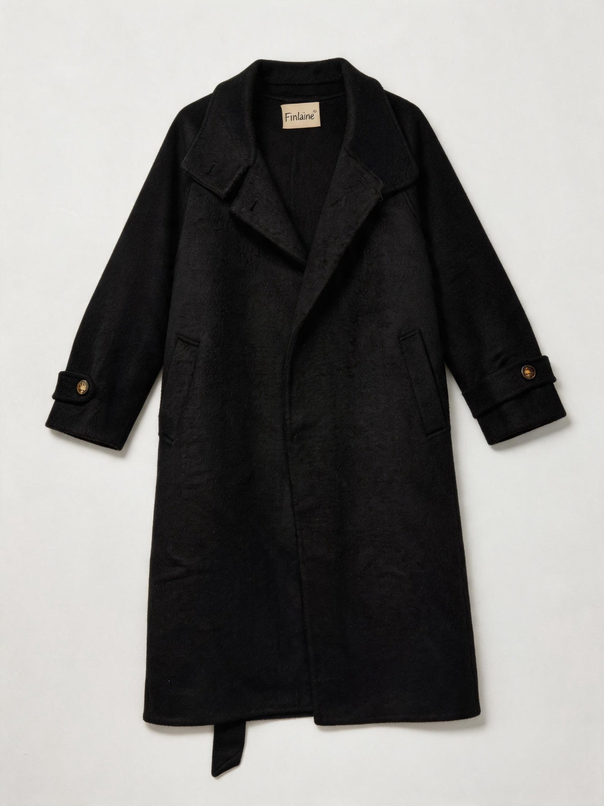 100% Wool Black Belted Long Coat – High Neck & Gold Button Detail