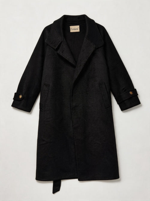 100% Wool Black Belted Long Coat – High Neck & Gold Button Detail