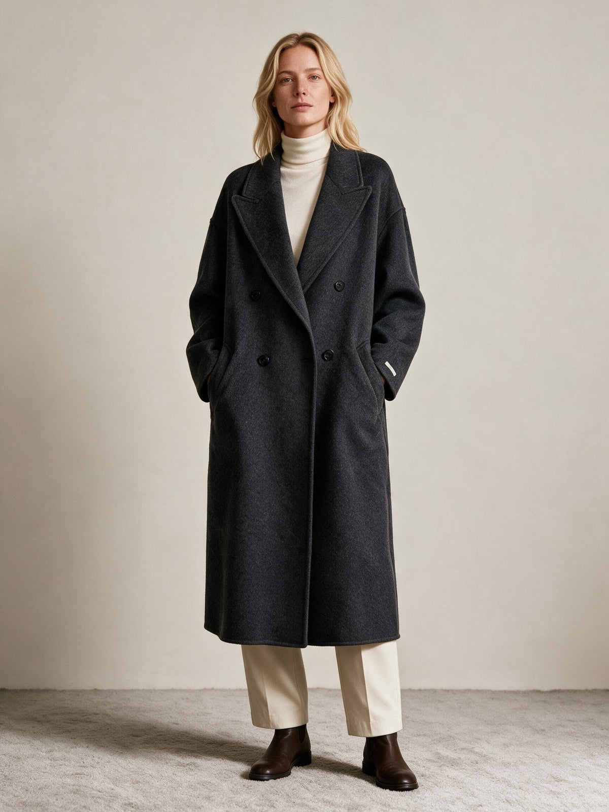 Finlaine Wool & Cashmere Double-Breasted Coat in Dark Grey&Light Grey