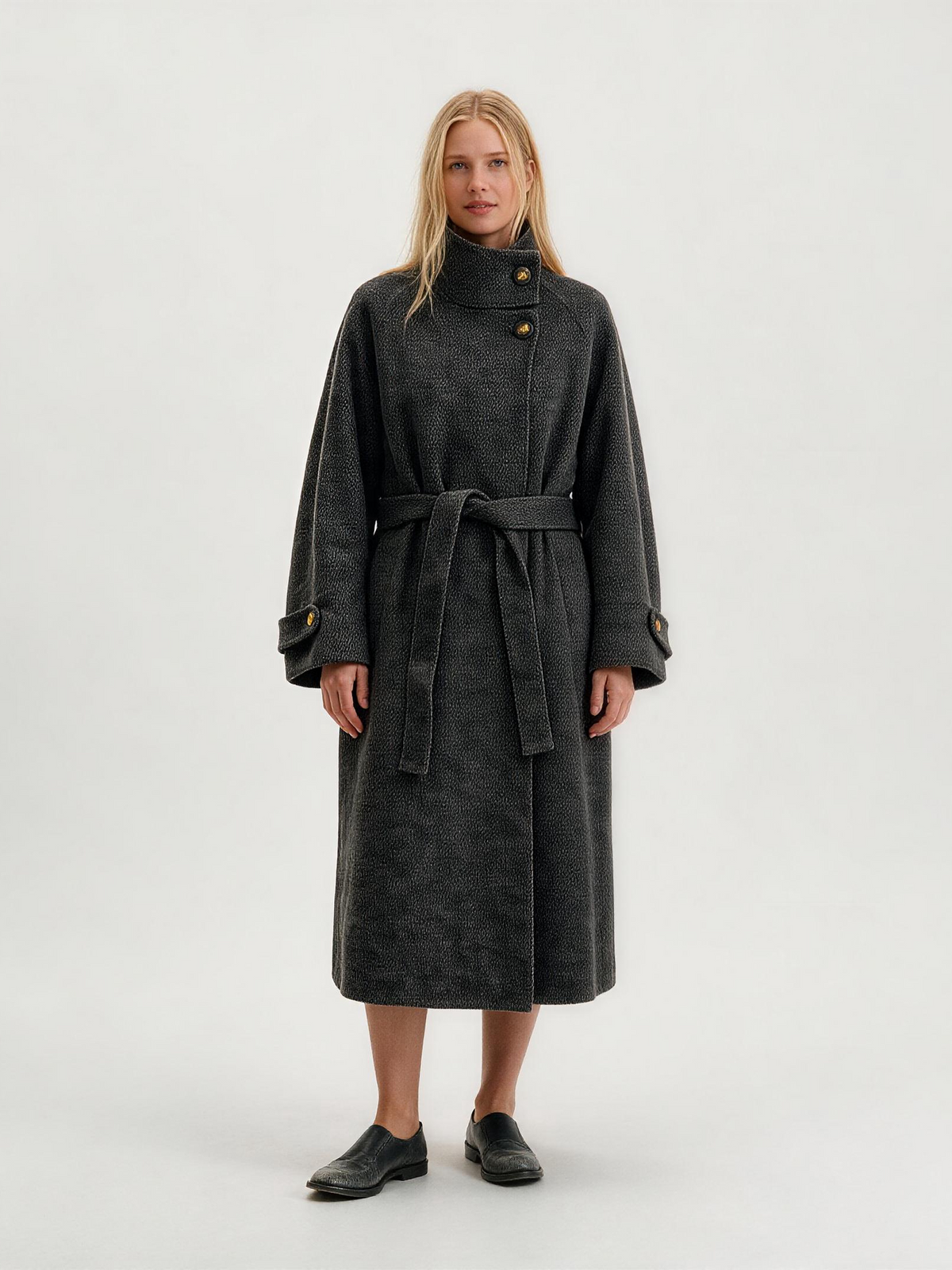 Finlaine Charcoal Grey High-Neck Belted Long Coat