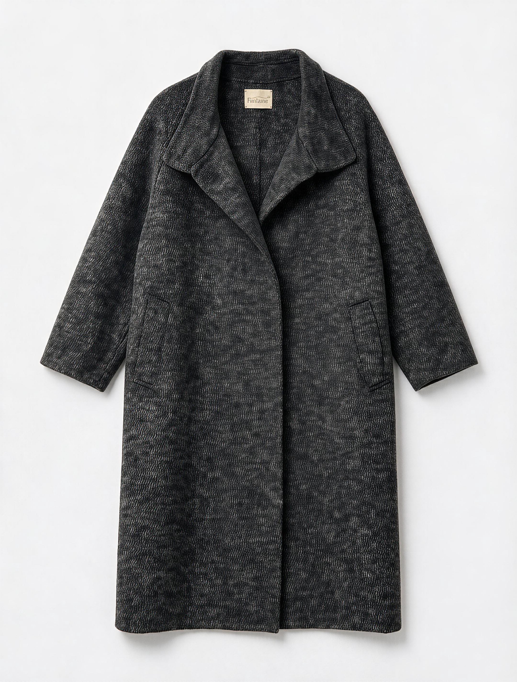 Finlaine Charcoal Grey High-Neck Belted Long Coat