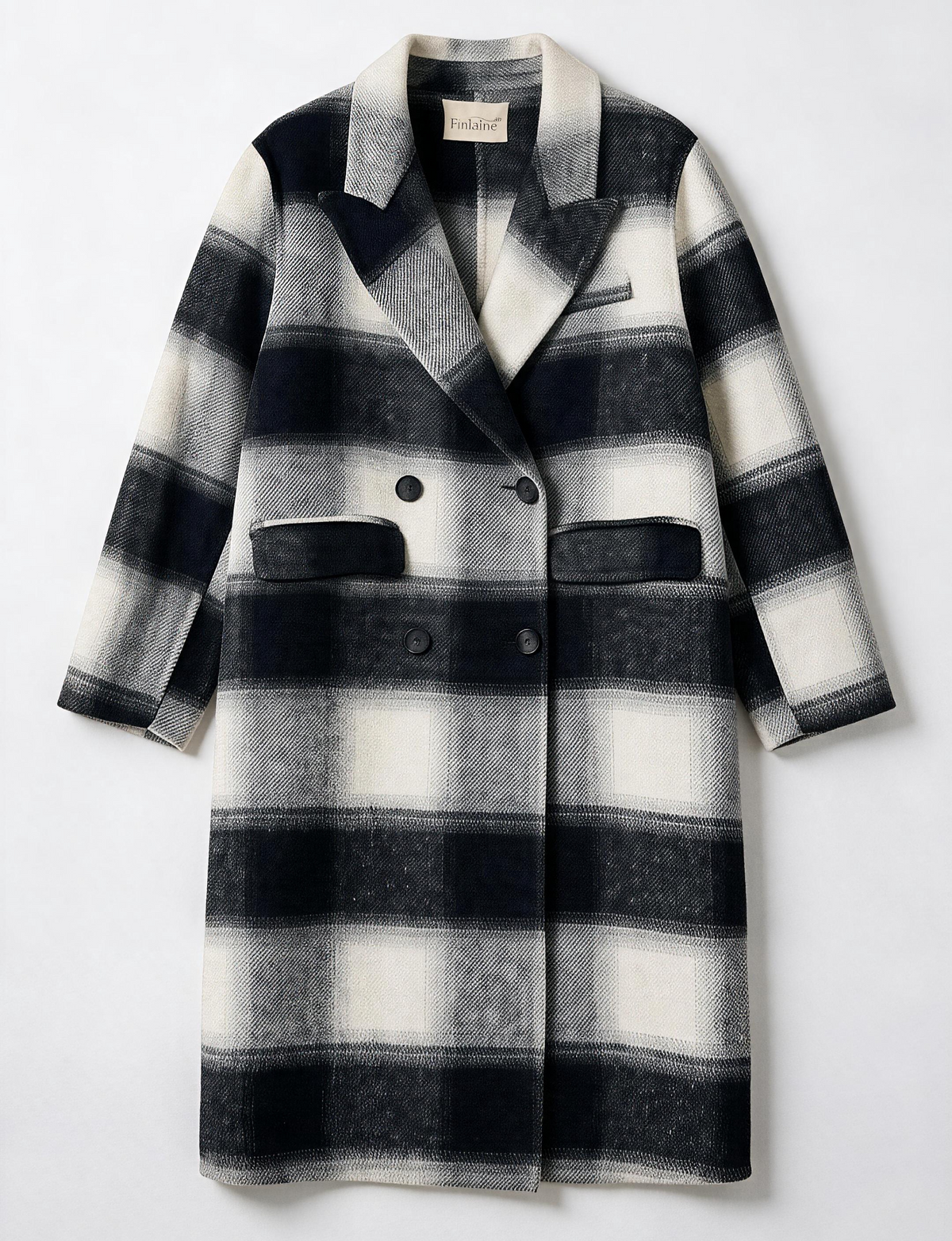 Finlaine Black & Ivory Checked 100% Wool Double-Breasted Long Coat