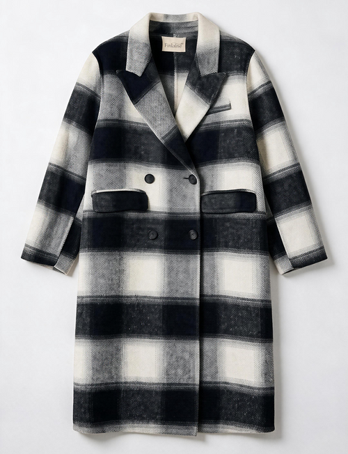 Finlaine Black & Ivory Checked 100% Wool Double-Breasted Long Coat