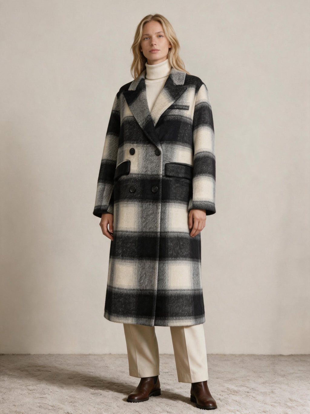 Finlaine Black & Ivory Checked 100% Wool Double-Breasted Long Coat