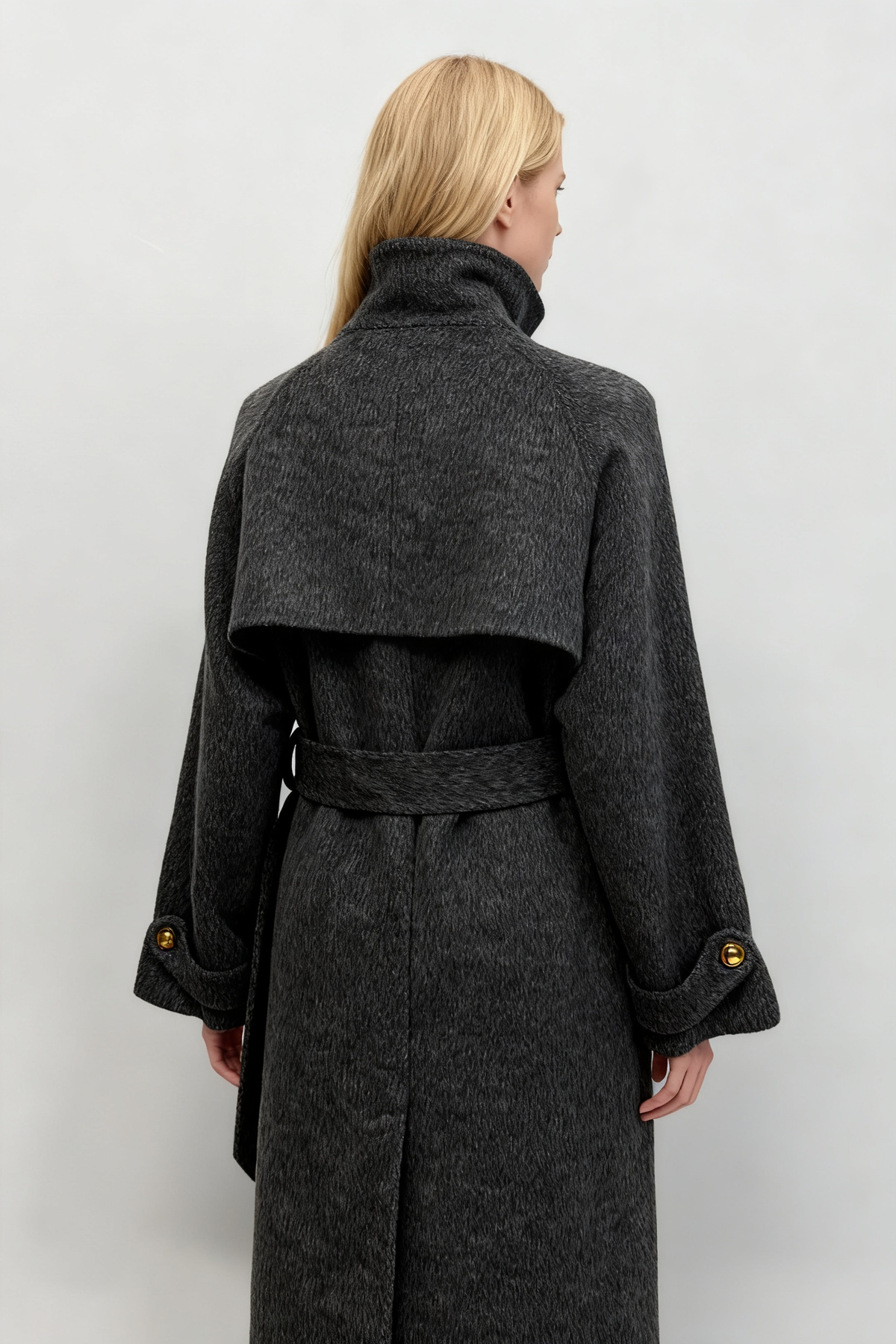 Finlaine Charcoal Grey High-Neck Belted Long Coat