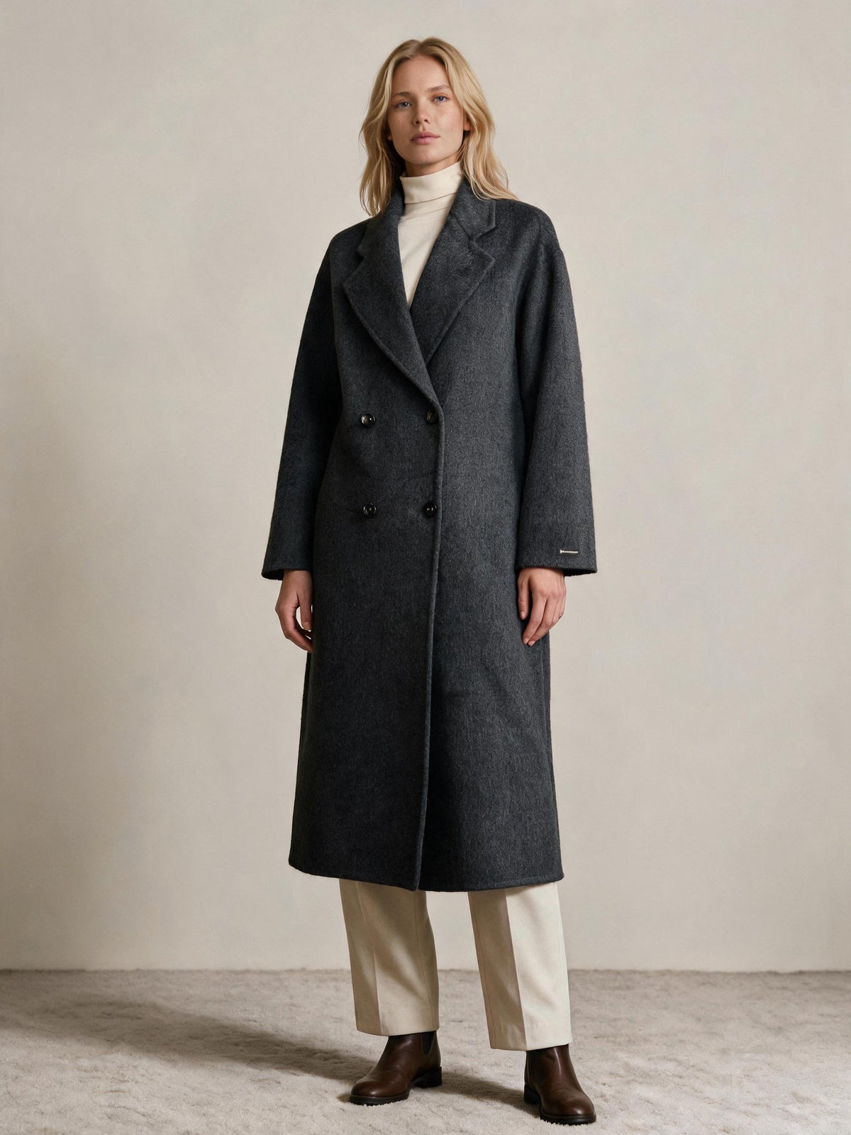 Finlaine Charcoal Grey Wool & Cashmere Double-Breasted Long Coat