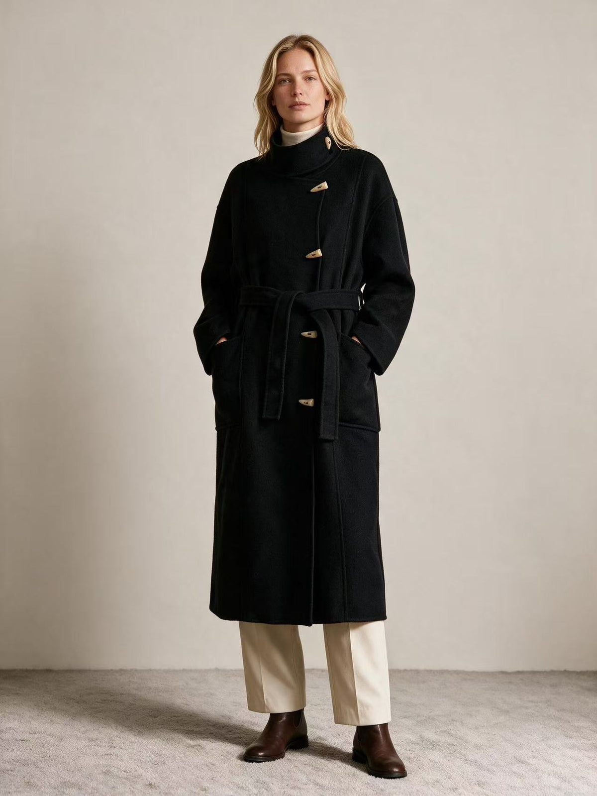 Longline Wool Toggle Coat – Black