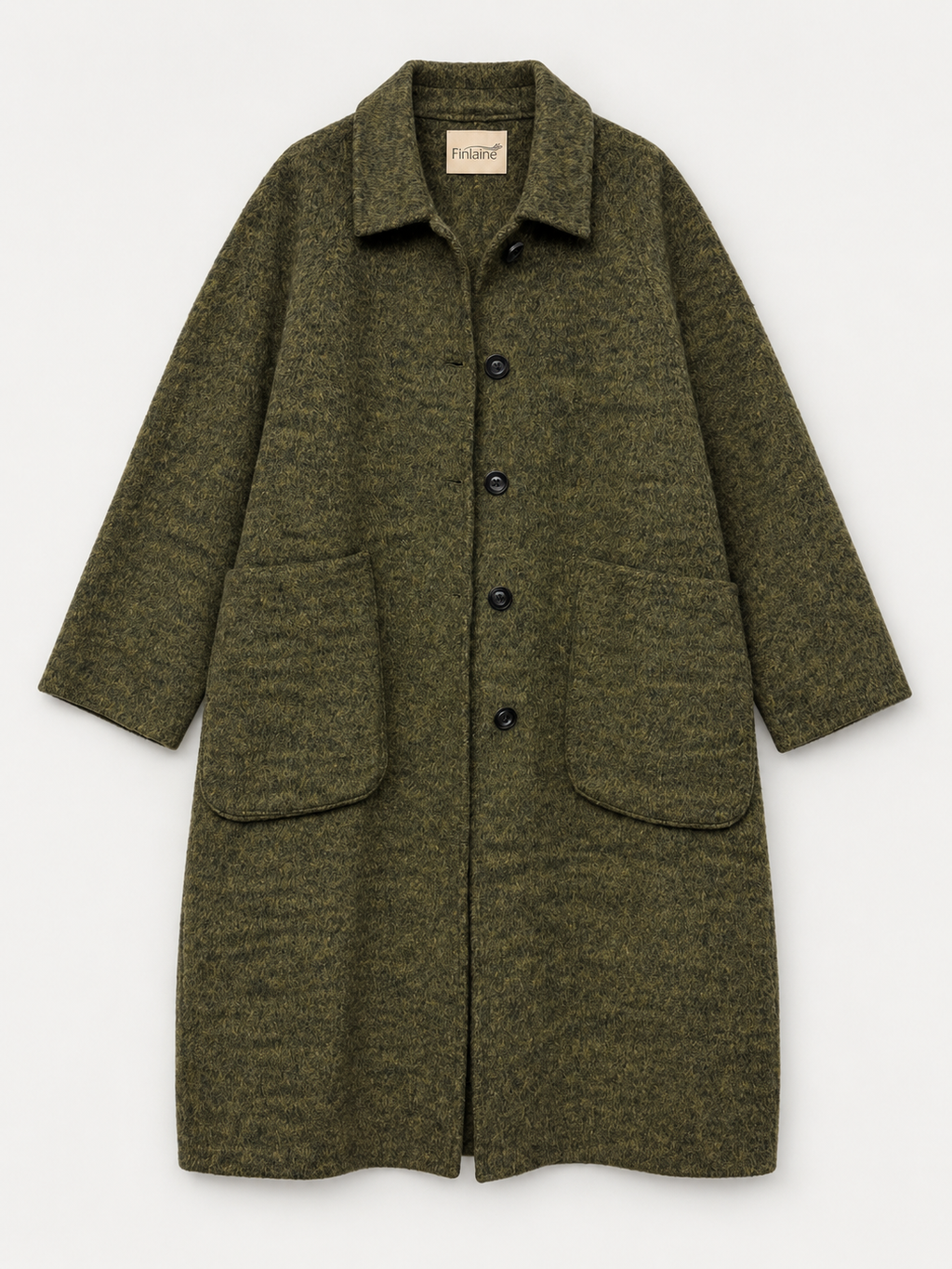 Textured Long Wool Coat – Olive Green