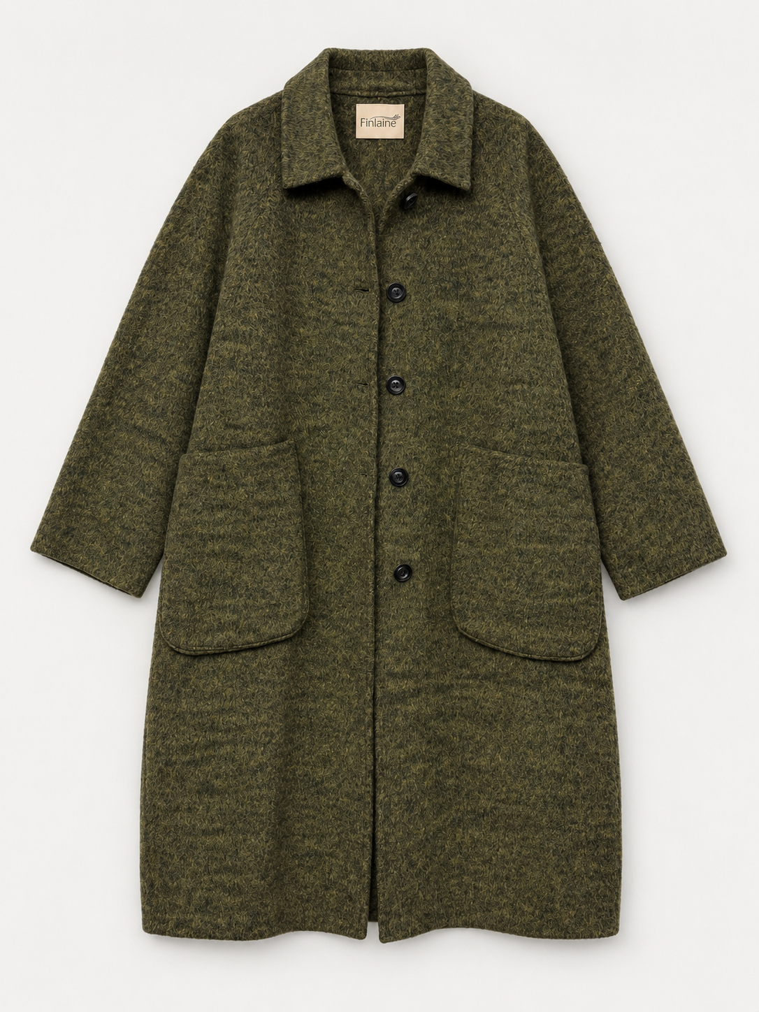 Textured Long Wool Coat – Olive Green