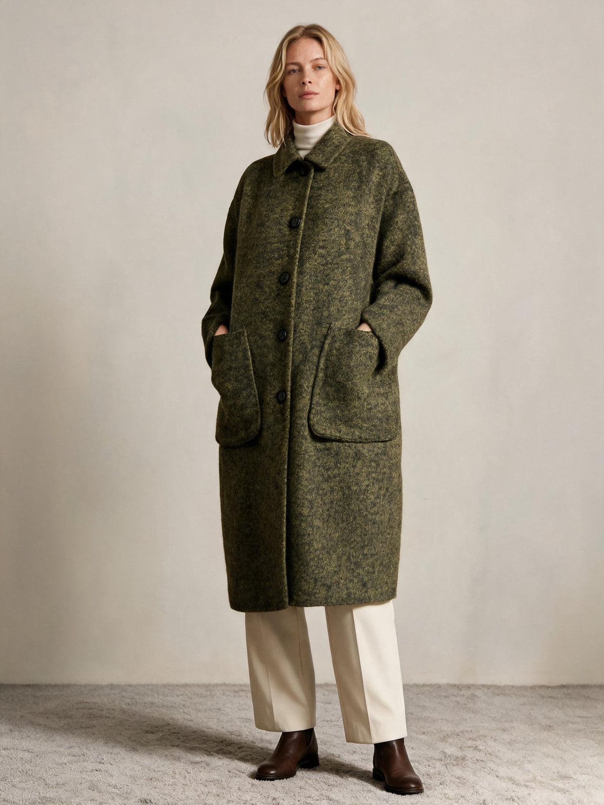 Textured Long Wool Coat – Olive Green