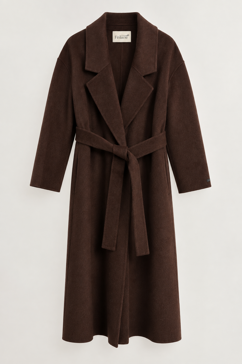 Finlaine Wool & Cashmere Belted Coat in Dark Brown