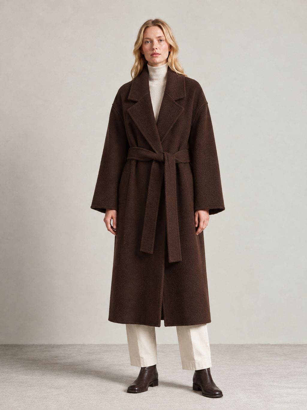 Finlaine Wool & Cashmere Belted Coat in Dark Brown